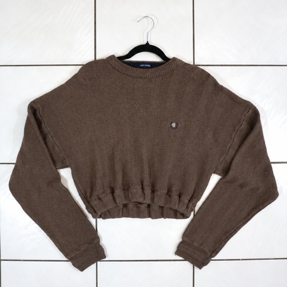 Vintage 90s Chaps Ralph Lauren Reworked Cropped Brown Cotton Knit Sweater L